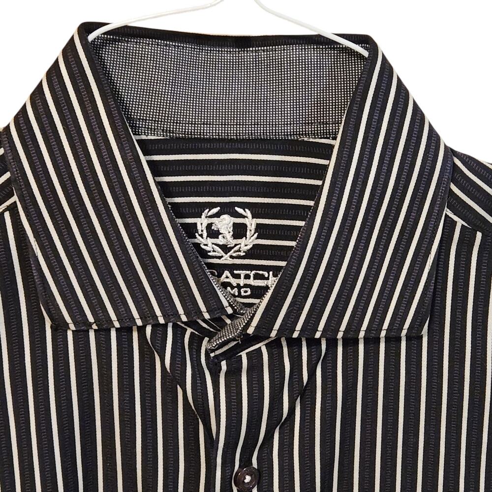 Bugatchi Striped Button Down Shirt, Embroidered logo, flip cuffs sz 15.5 34/35